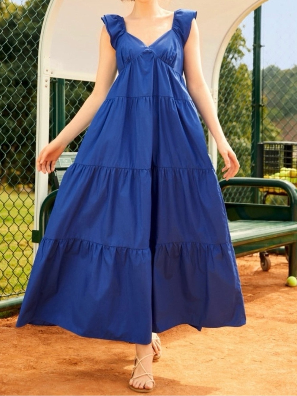 Modcloth Ruffled Shoulder Tiered Maxi Dress in Cobalt Blue